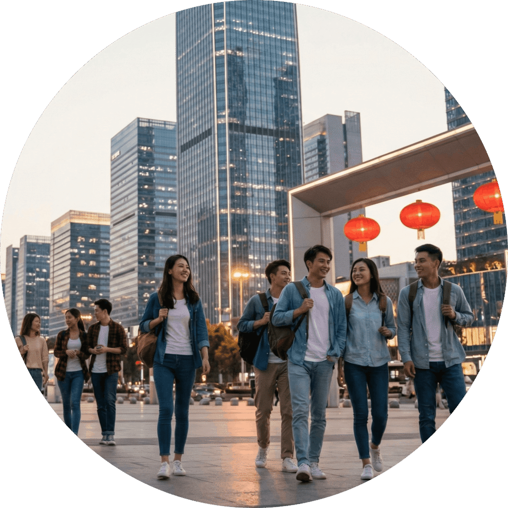 Lifestyle image for Study in China landing page highlighting city choice, campus life, and guided admissions support for Bachelor, Master, and language paths.