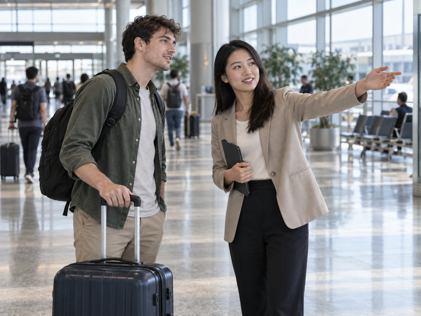 Adult international student receiving practical arrival guidance in an airport terminal