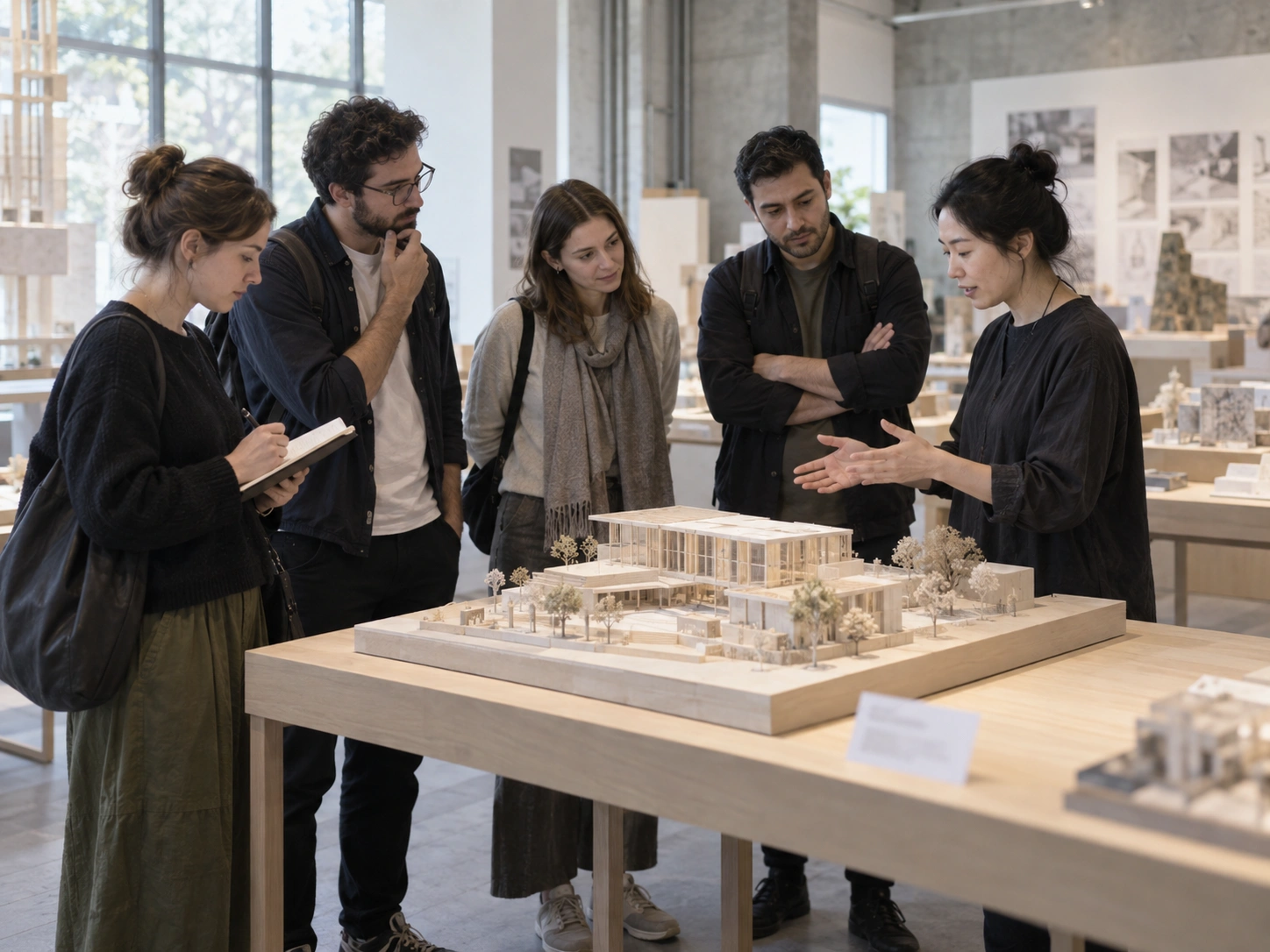 Educational visit participants listening to an educator explain an architectural model