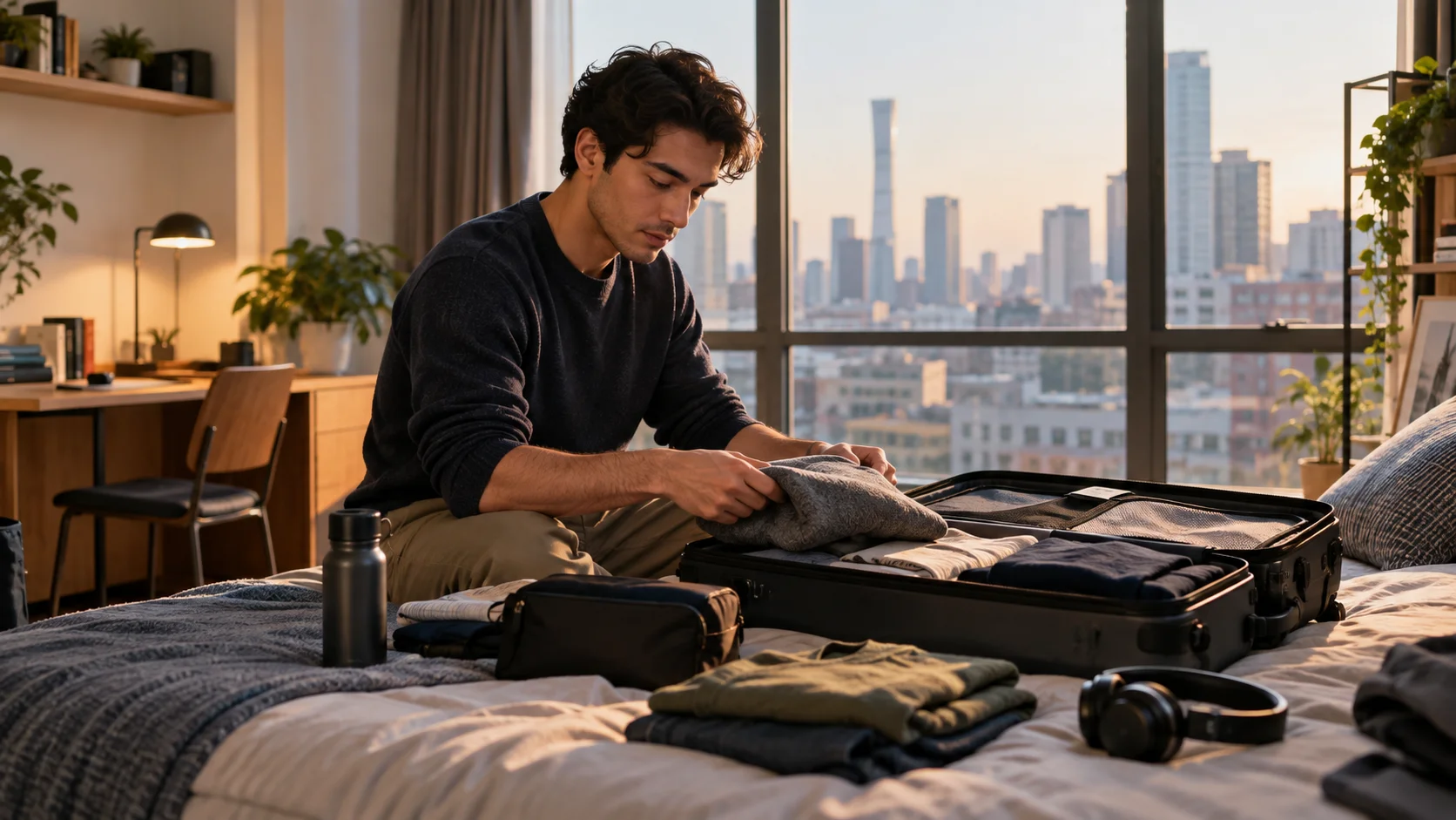 International student packing a suitcase in a calm city apartment