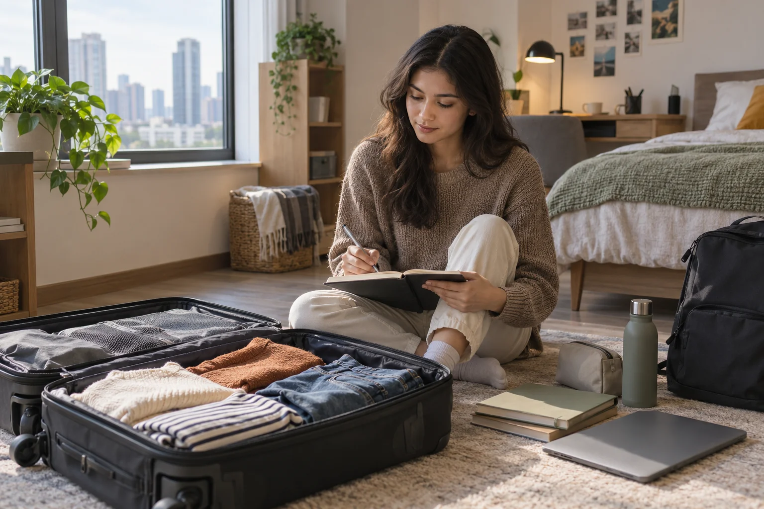 International student preparing study materials beside packed luggage in a calm apartment
