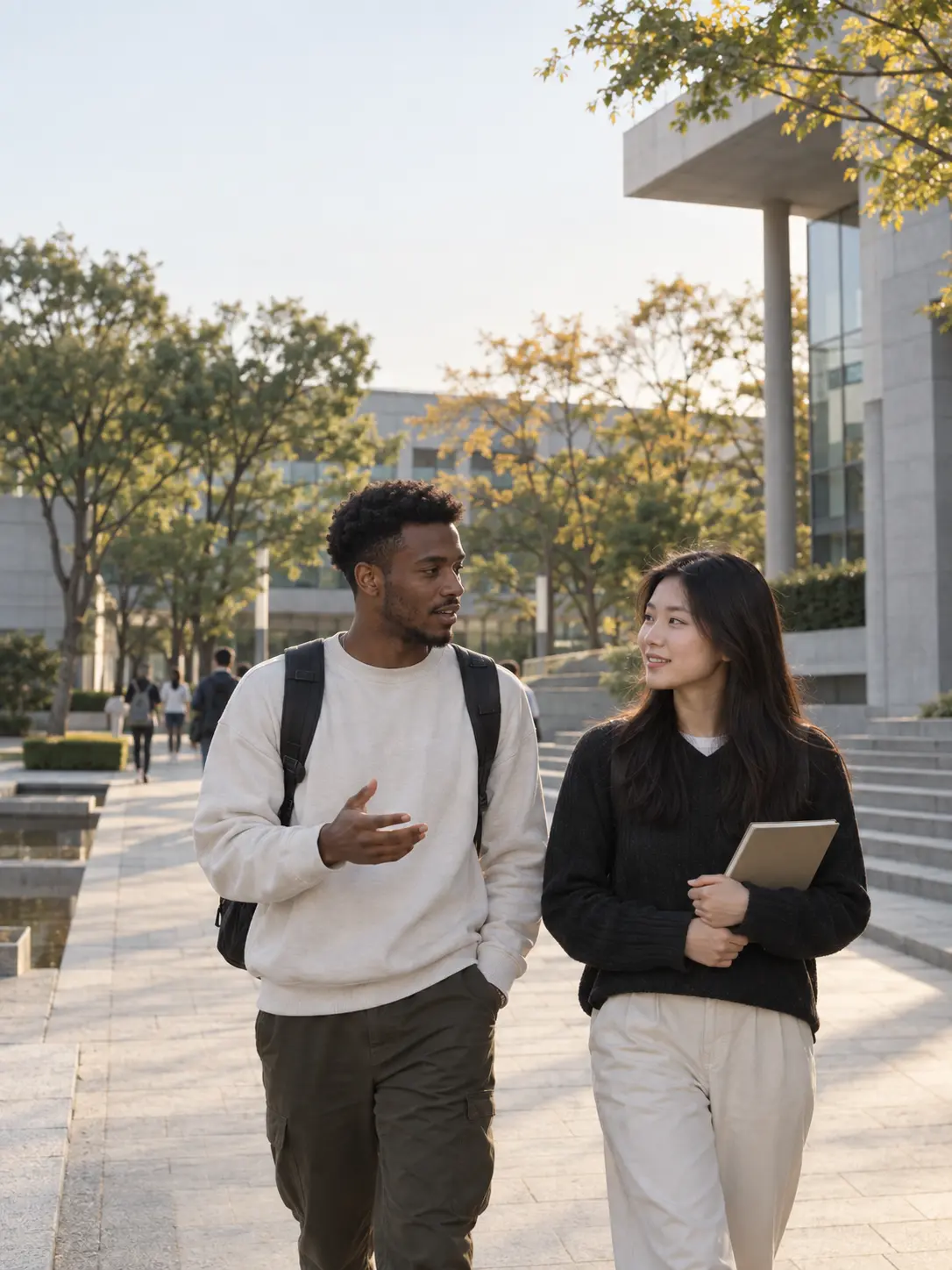 Adult students in conversation on a campus in China