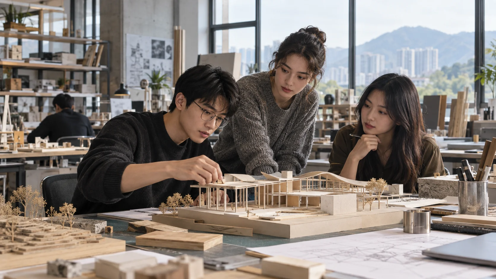 Undergraduate students examining an architectural model in a university studio