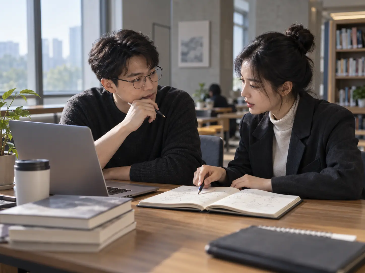 Adult students discussing their studies in a modern library