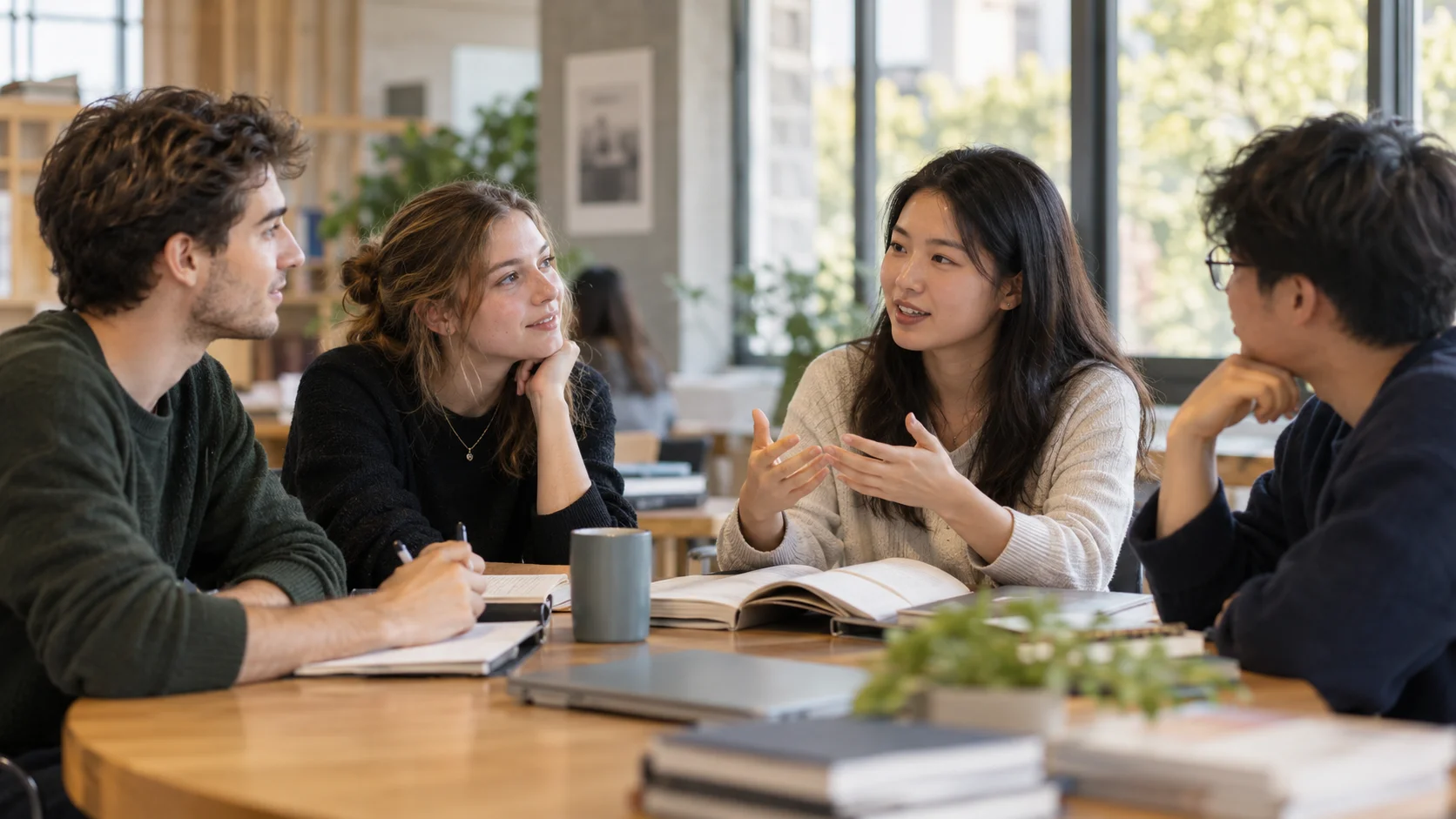 Adult international learners and a Chinese participant practising conversation together in a contemporary study space