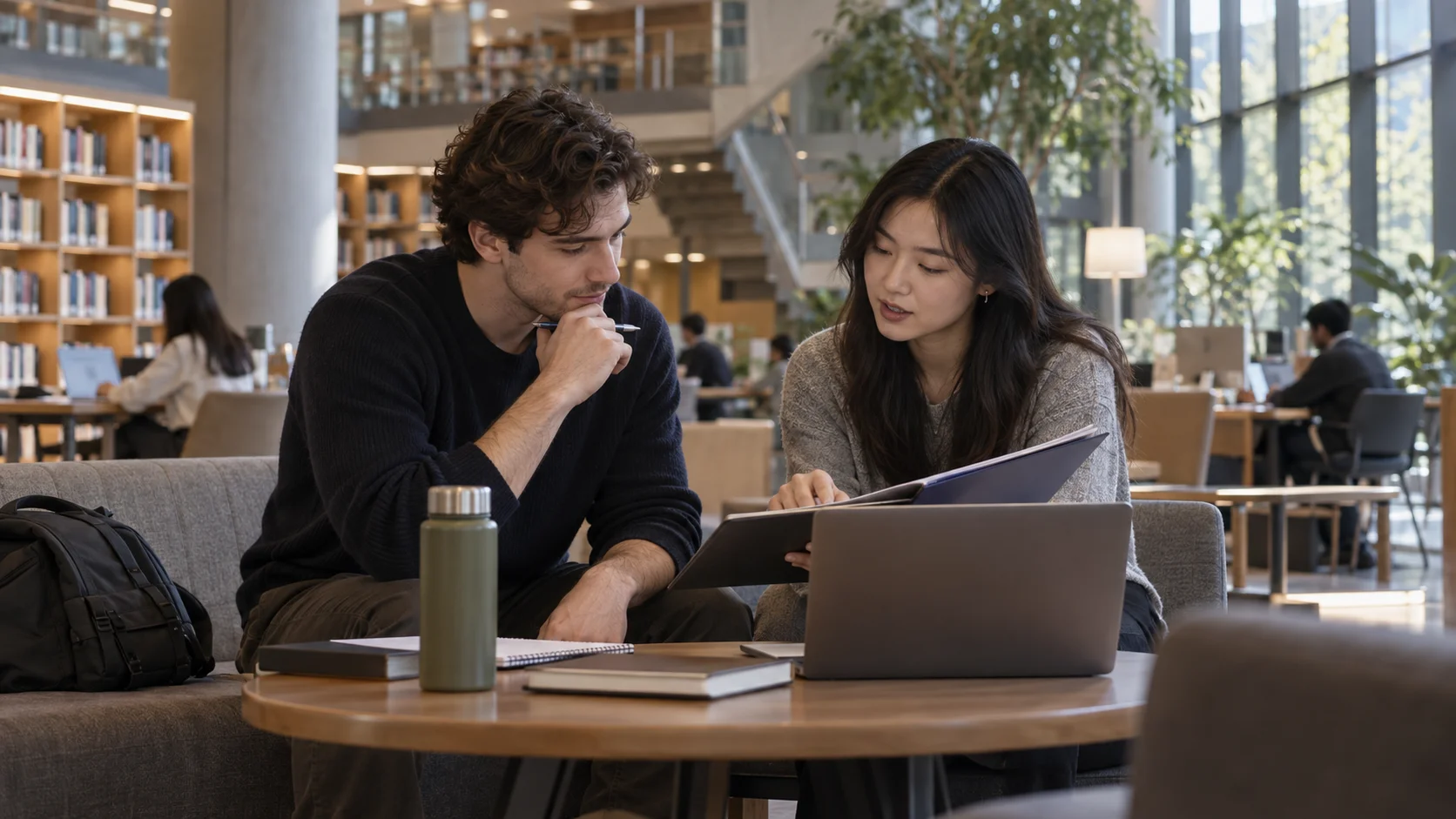 International and Chinese students reviewing study plans together in a modern library