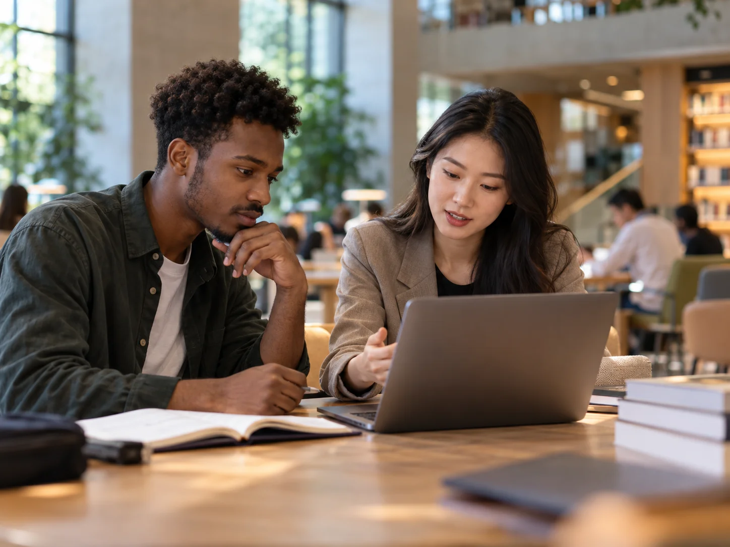 International student reviewing a study plan with an adviser in a modern library