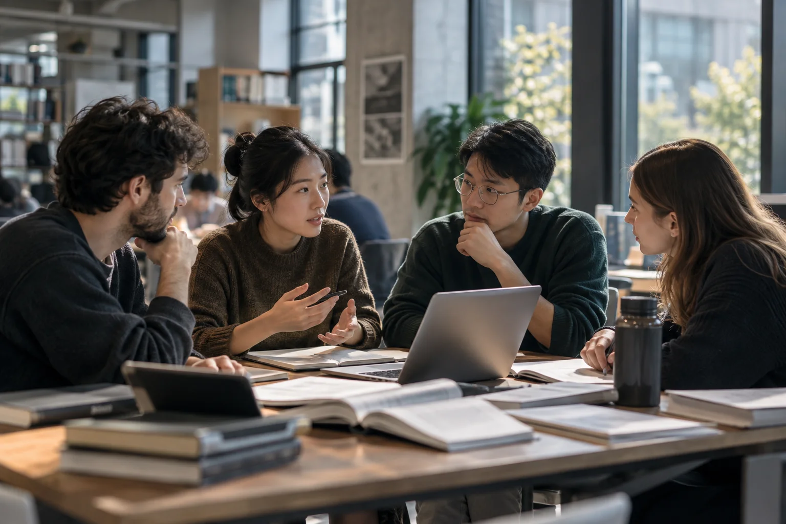 Postgraduate students discussing academic work together in a modern library