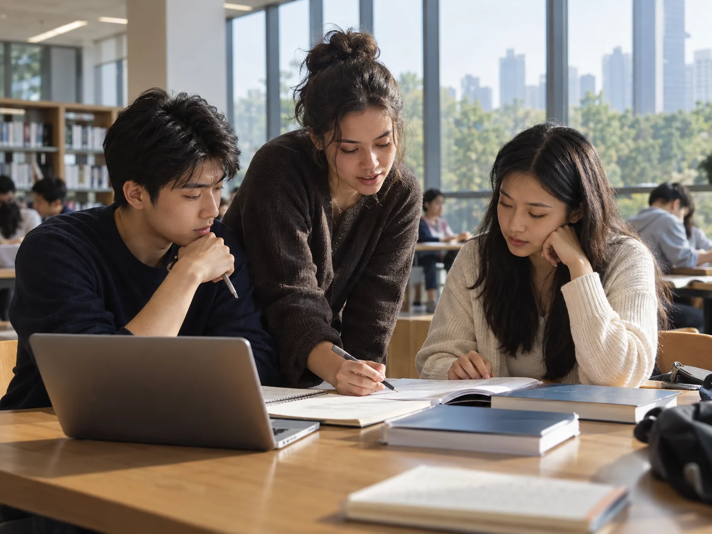 Adult international and Chinese students collaborating in a sunlit library