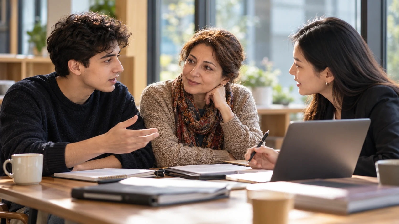 Adult student and family member discussing study plans in a calm consultation setting