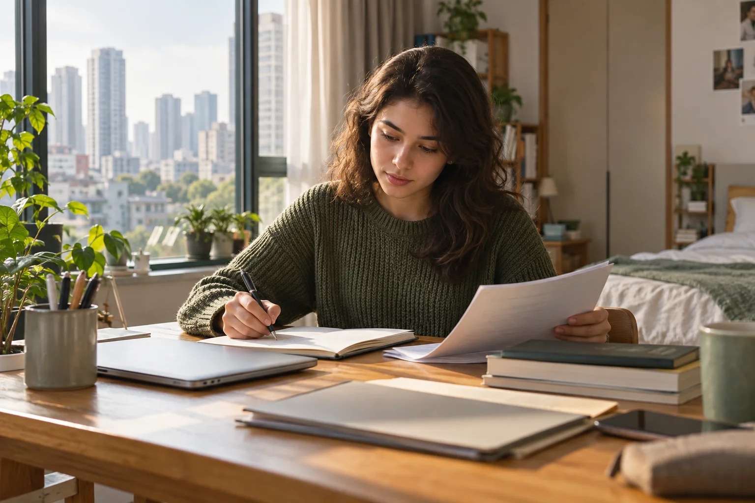 International student organising study plans at a desk beside a city view