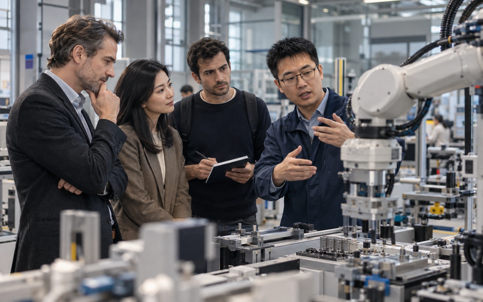 Professionals evaluating an industrial robotics system