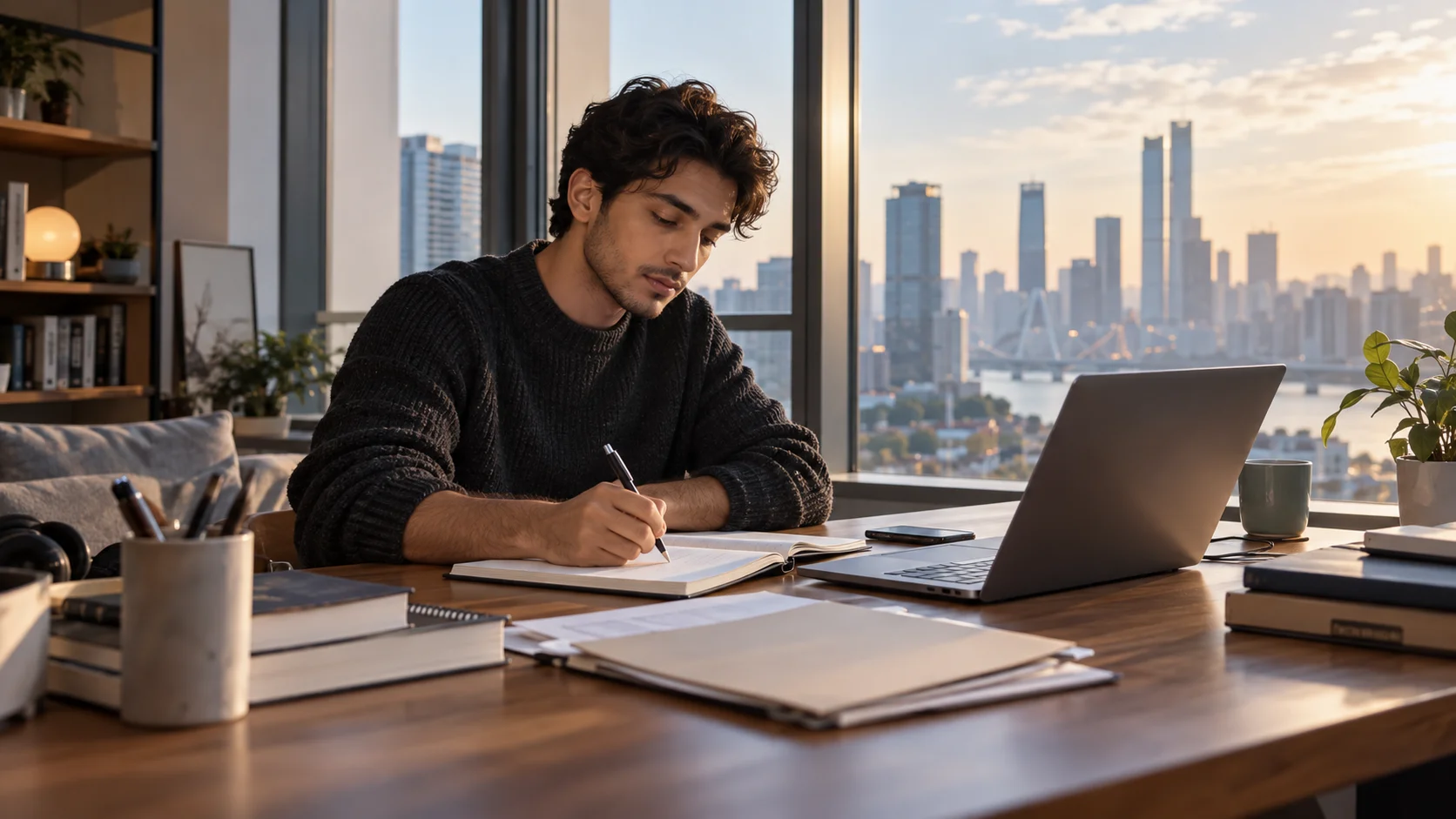International student organising study materials at a desk above a city view