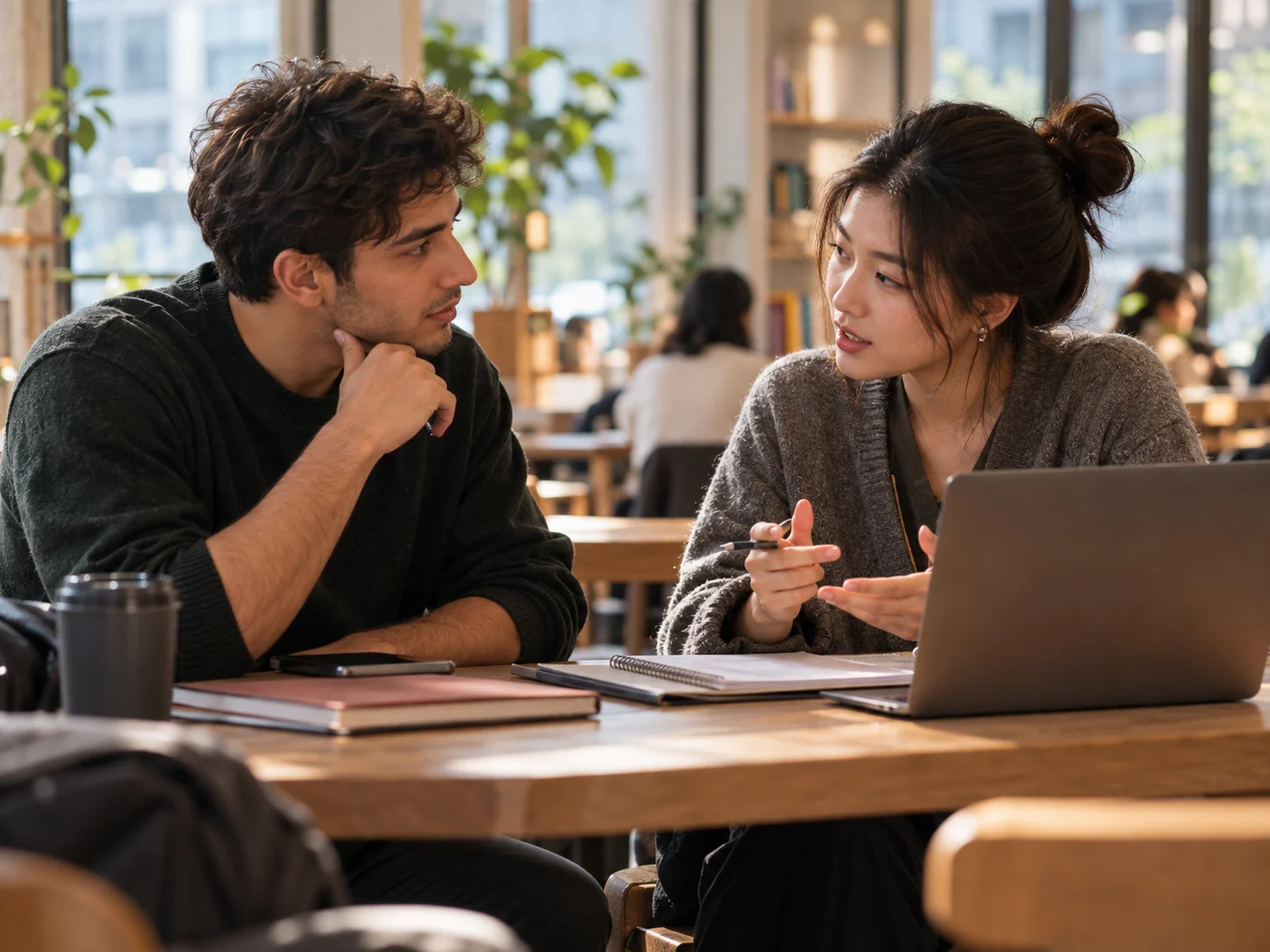 International student discussing study support with an adviser at a table