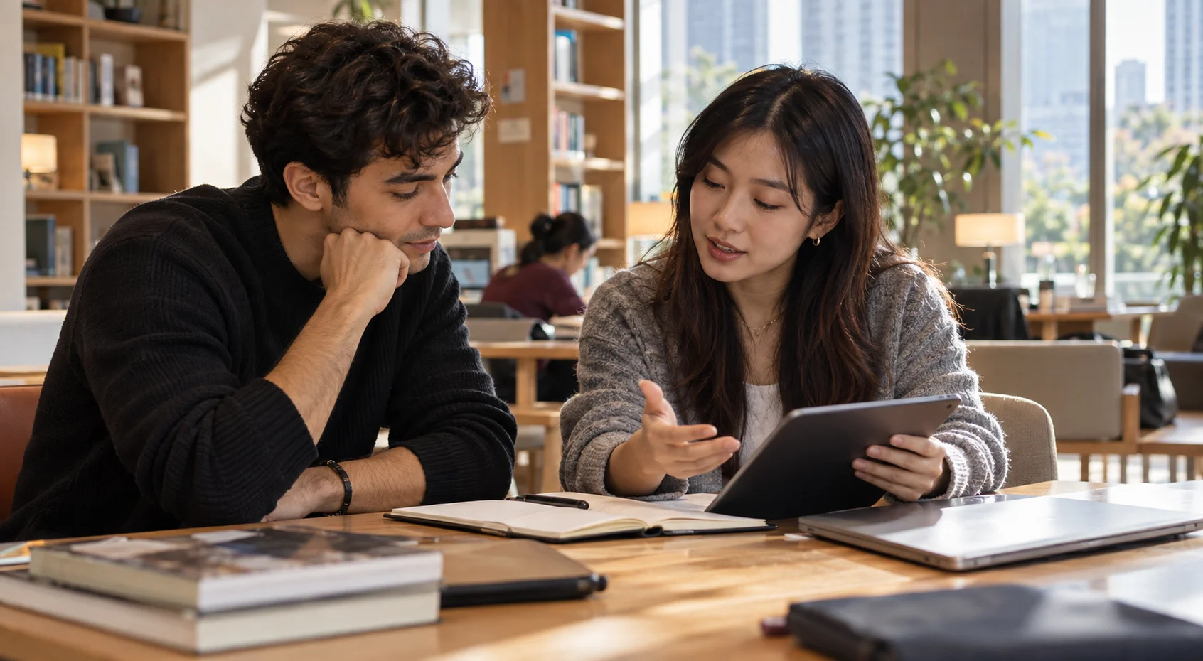 Student and adviser reviewing study plans together in a modern library