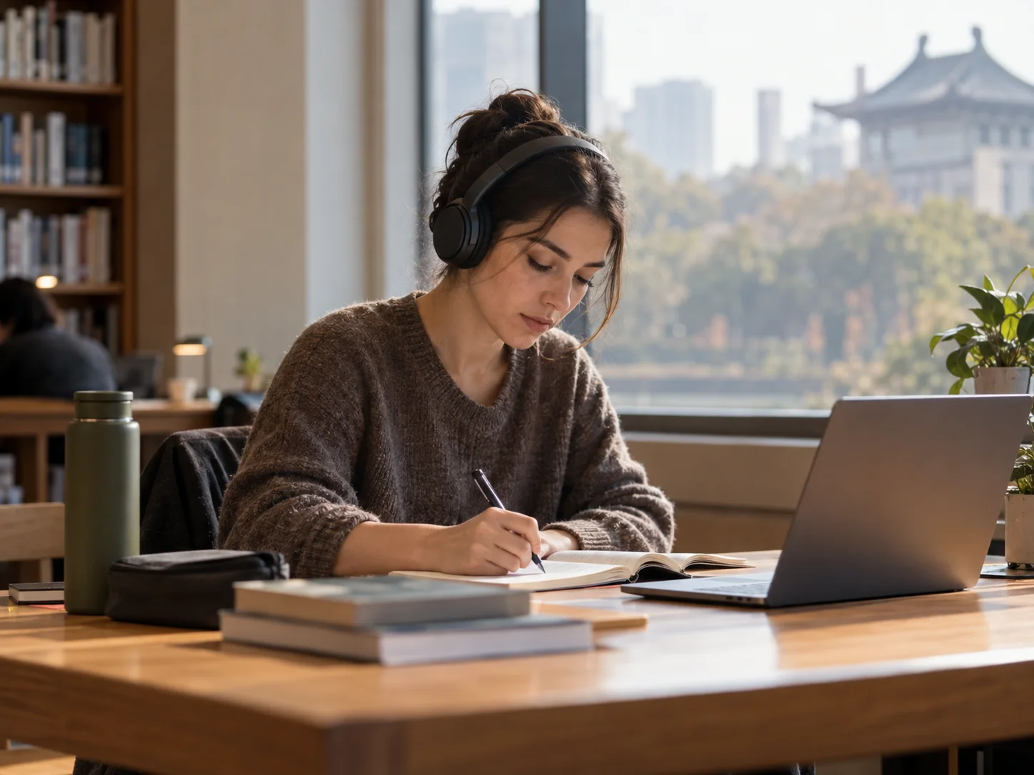 Adult language learner practising independently with headphones and study materials