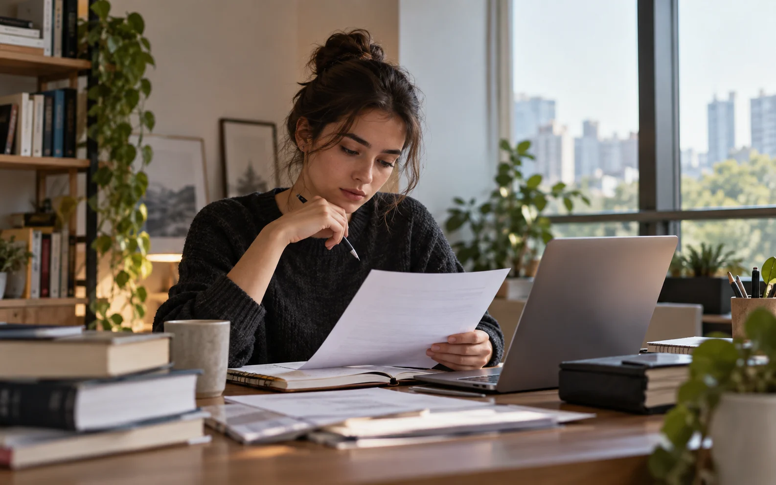 Postgraduate student studying beside a large window in a contemporary academic environment