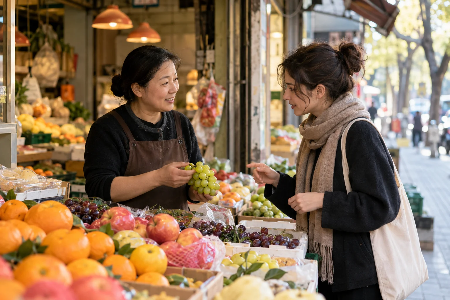 Adult international learner having a natural conversation with a fruit seller in China