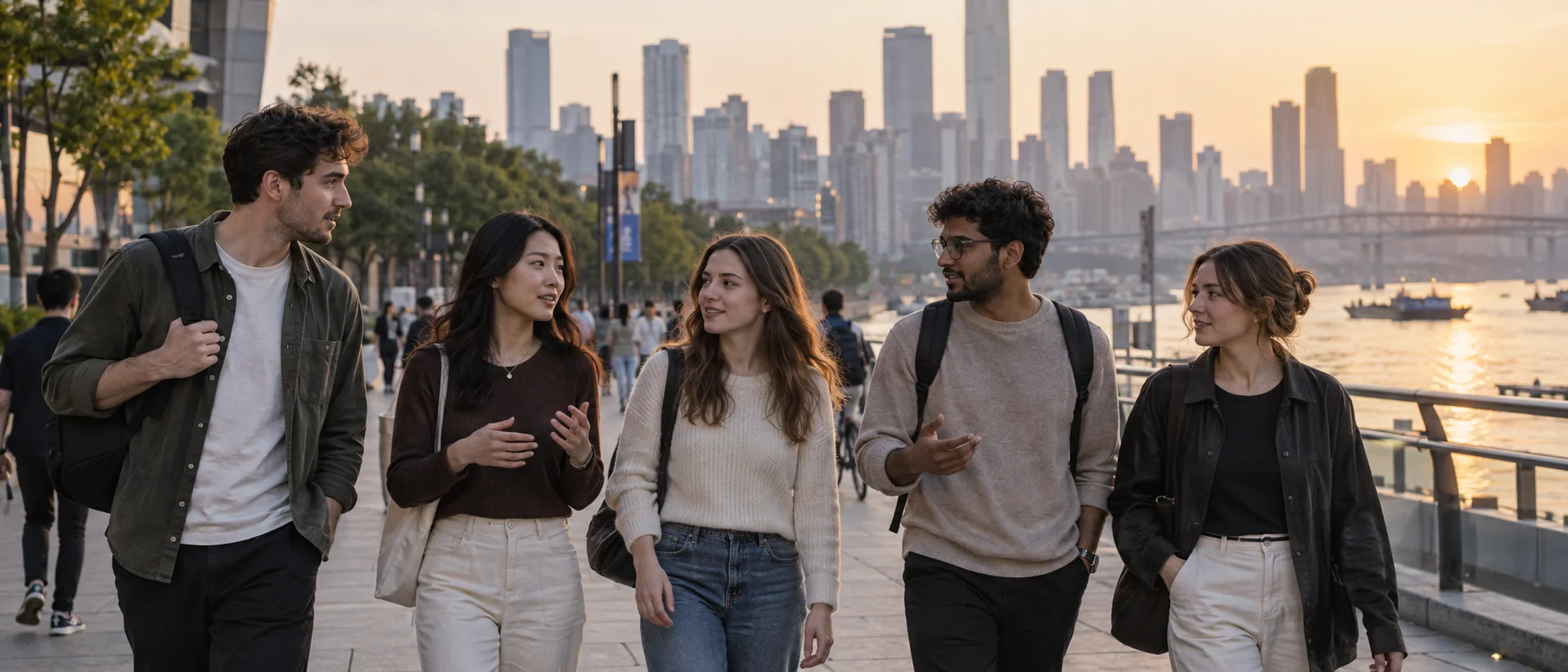 International students walking together beside a city riverside in China at sunset