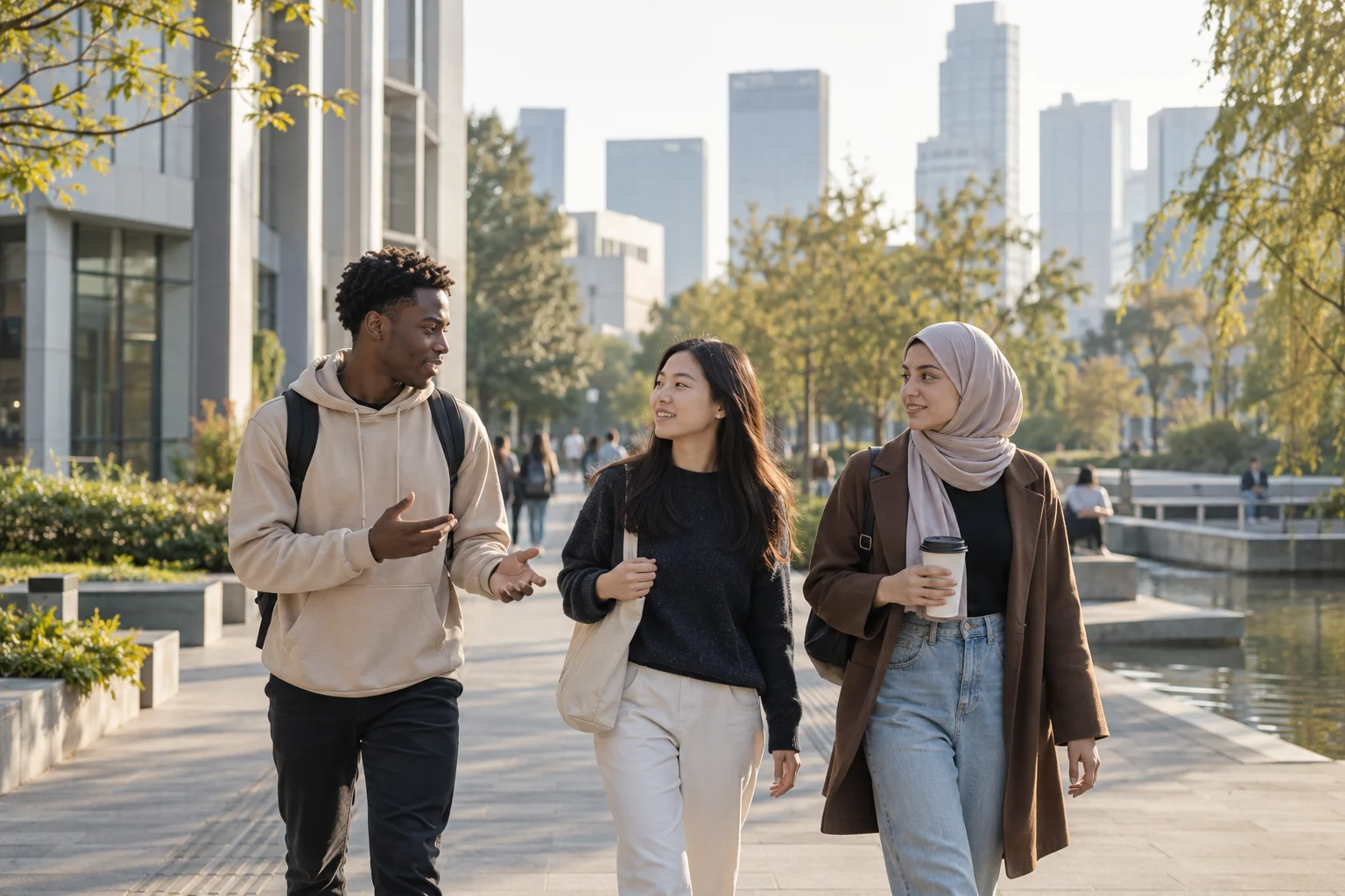 Adult international students walking together through a sunlit campus park in China
