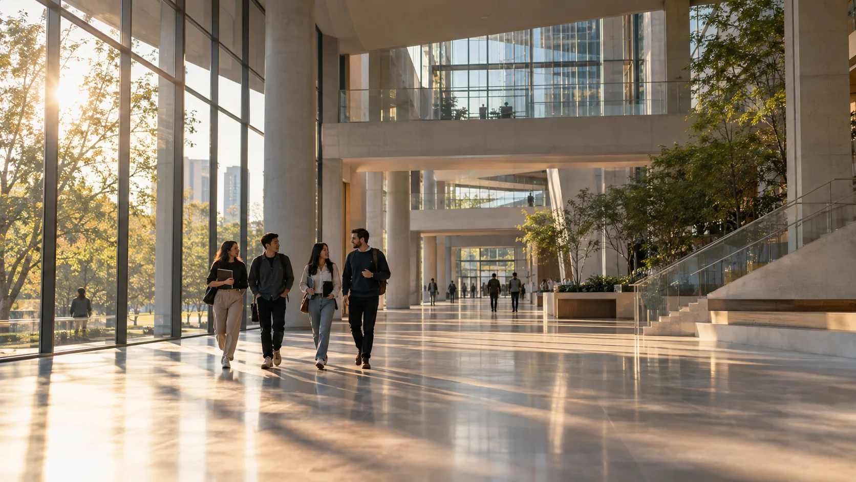 Postgraduate students walking through a light-filled contemporary university atrium