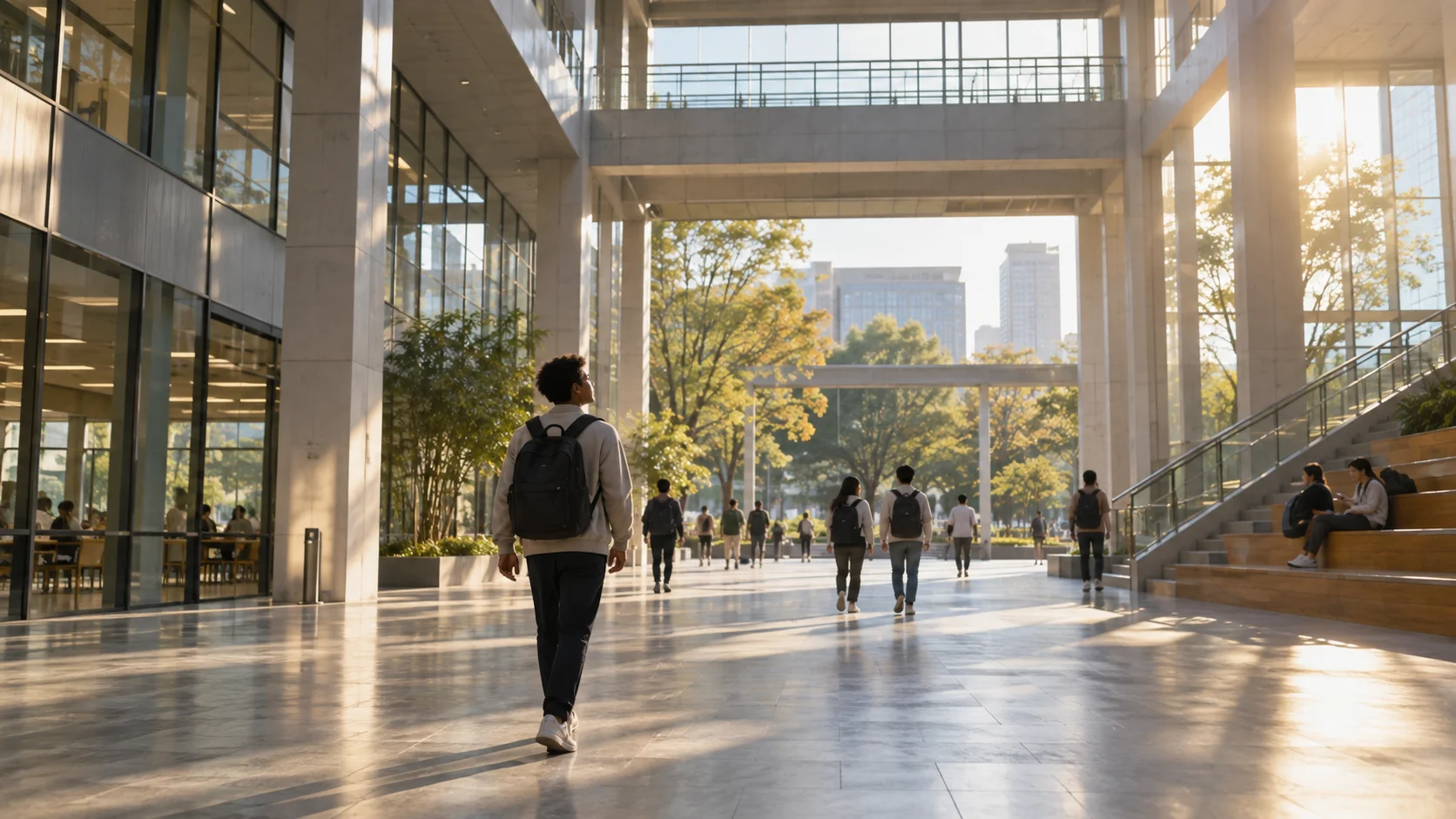 International student walking through a contemporary campus atrium in China