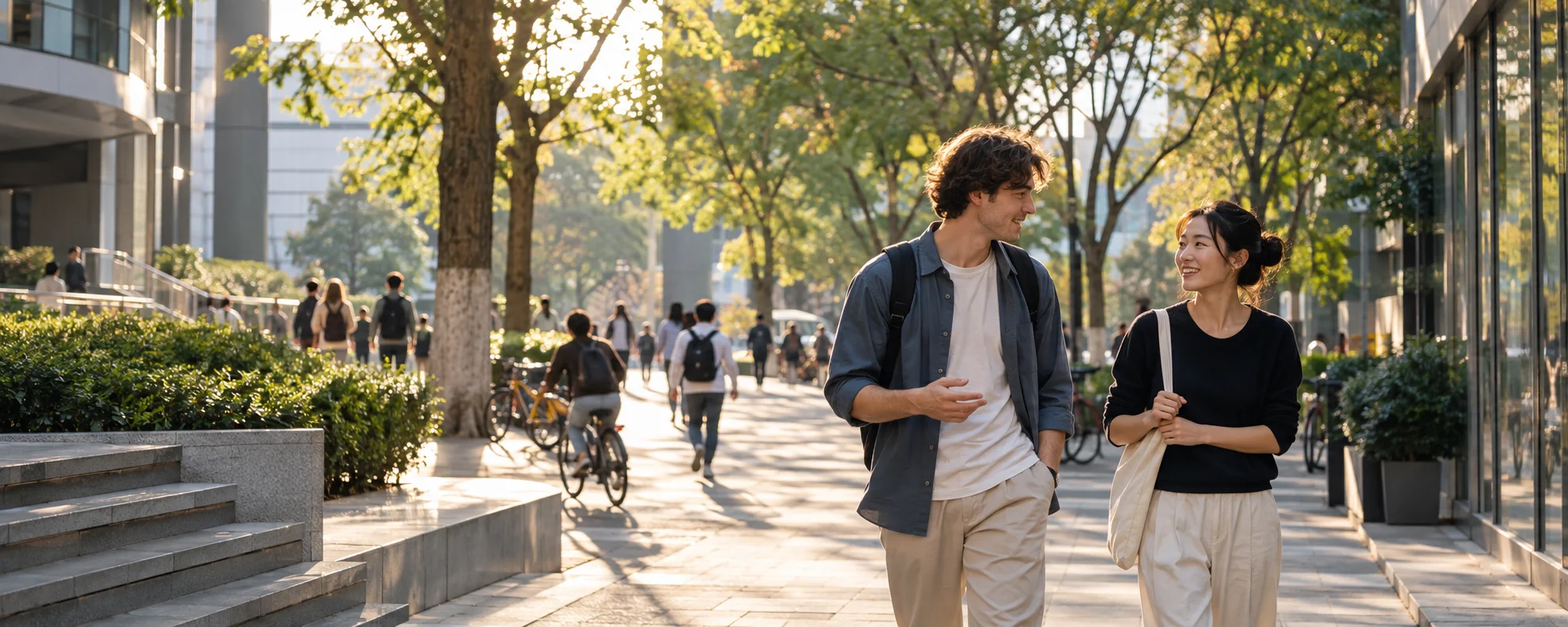 International and Chinese young adults walking together through a contemporary campus neighbourhood in China
