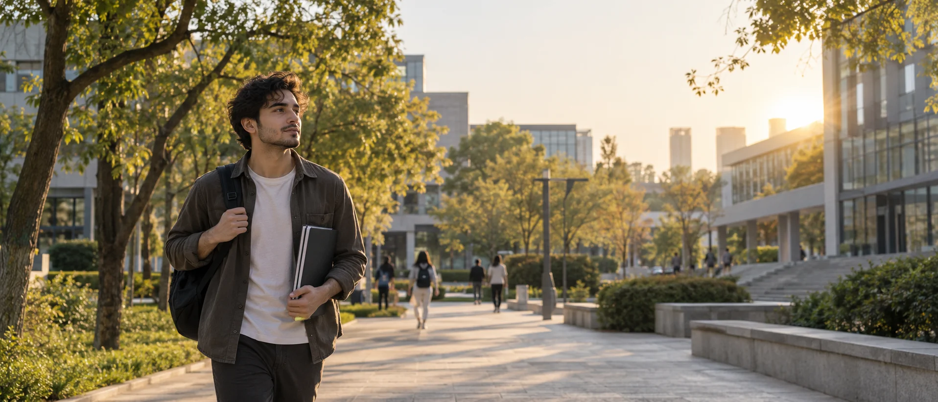 International student walking through a university campus in late afternoon light