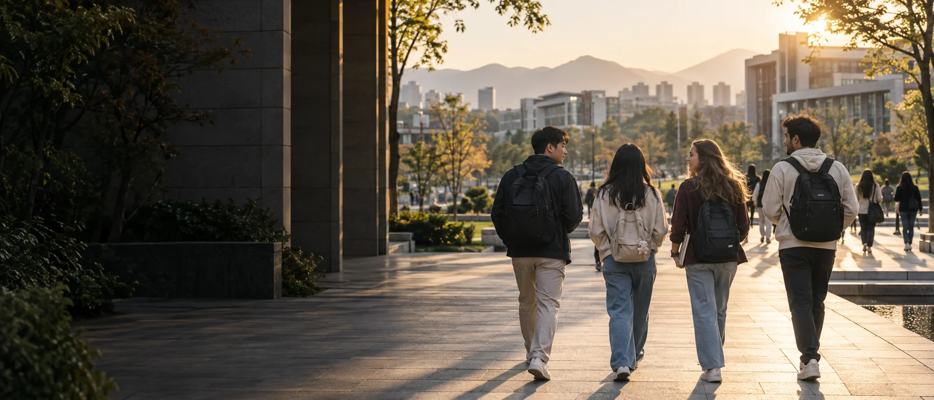 Undergraduate students walking through a university campus in China at golden hour