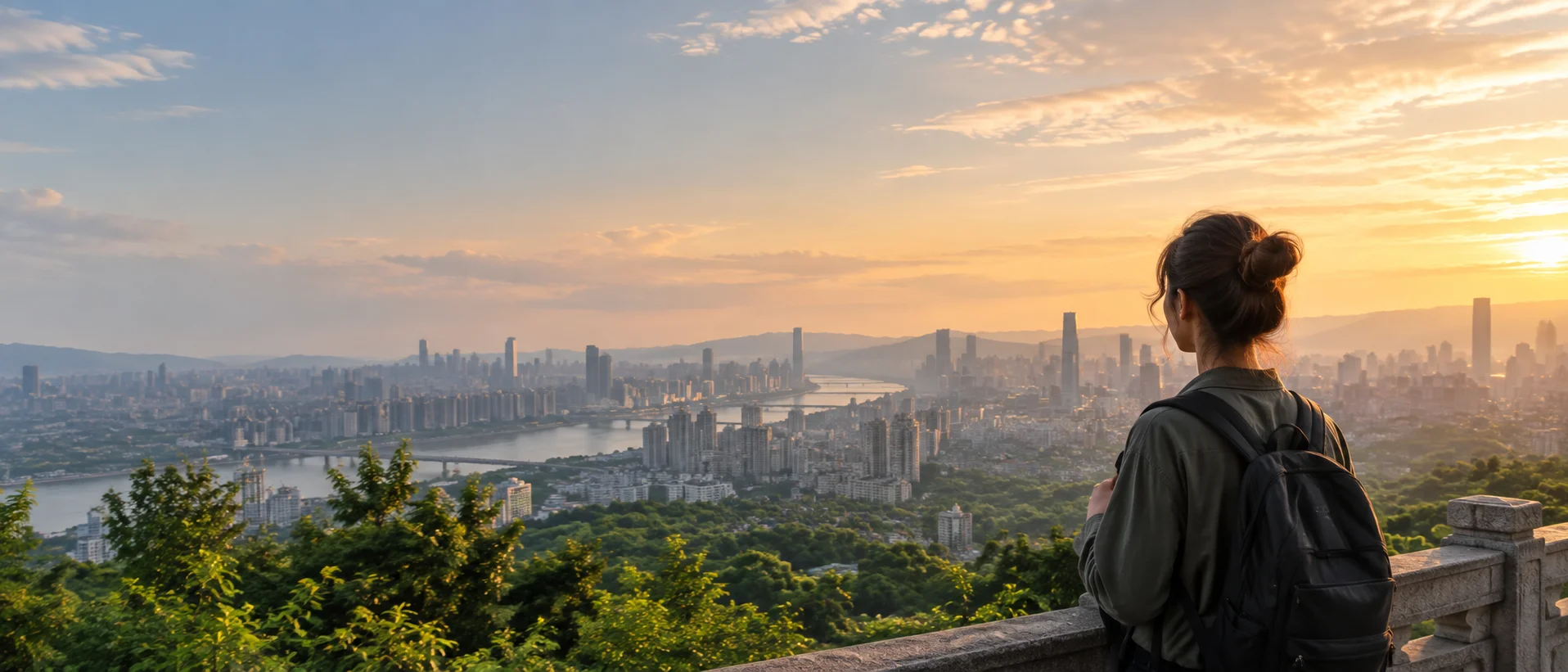 International student looking over a contemporary Chinese city at golden hour