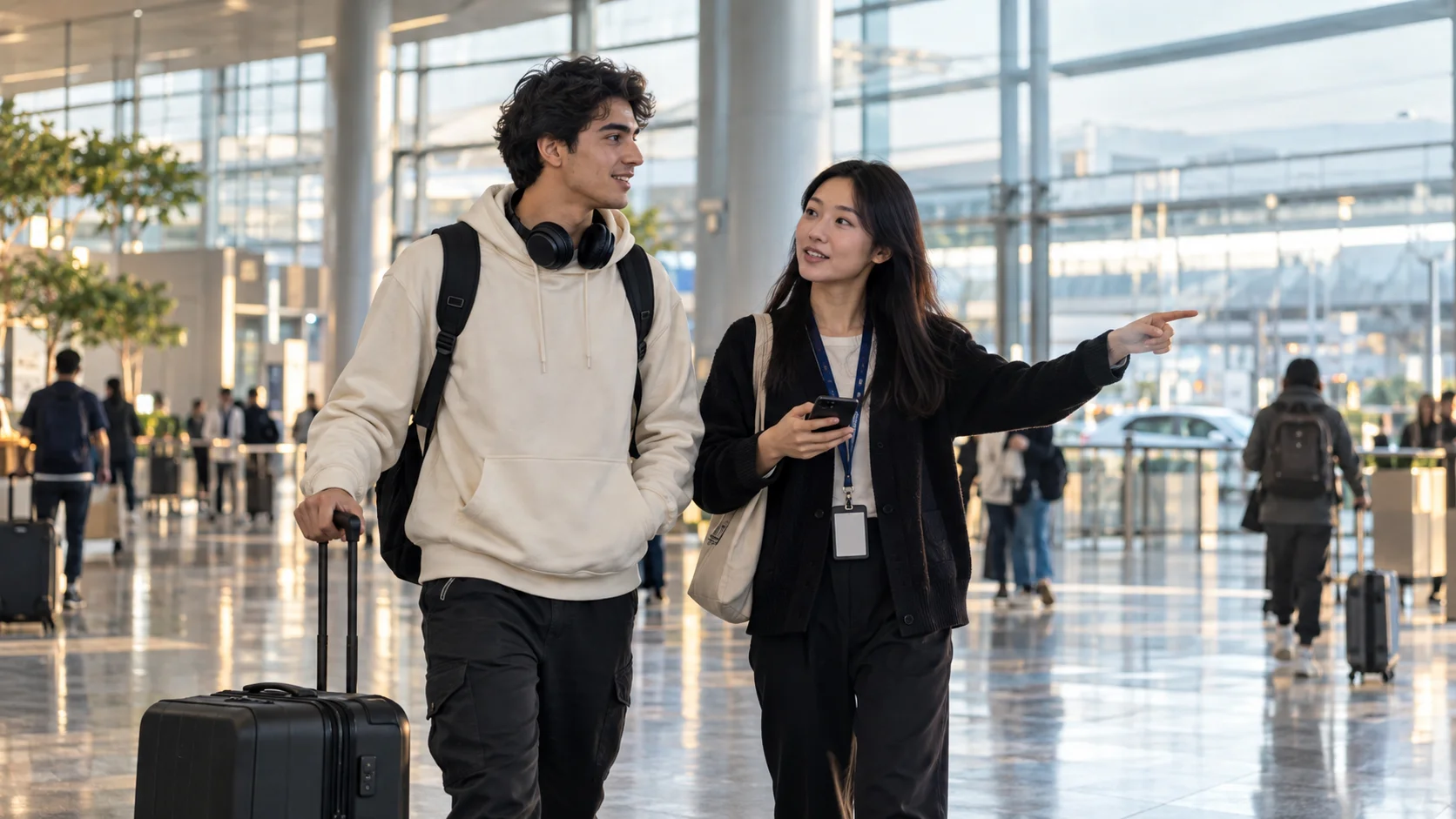International student with luggage receiving practical guidance in a modern airport terminal