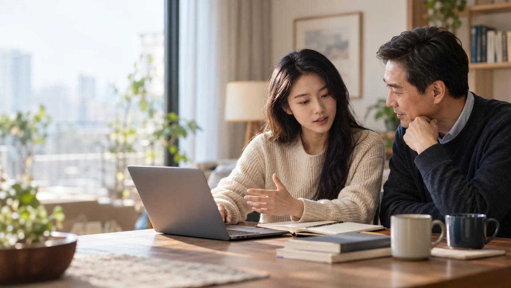 Adult prospective student and parent discussing study plans together