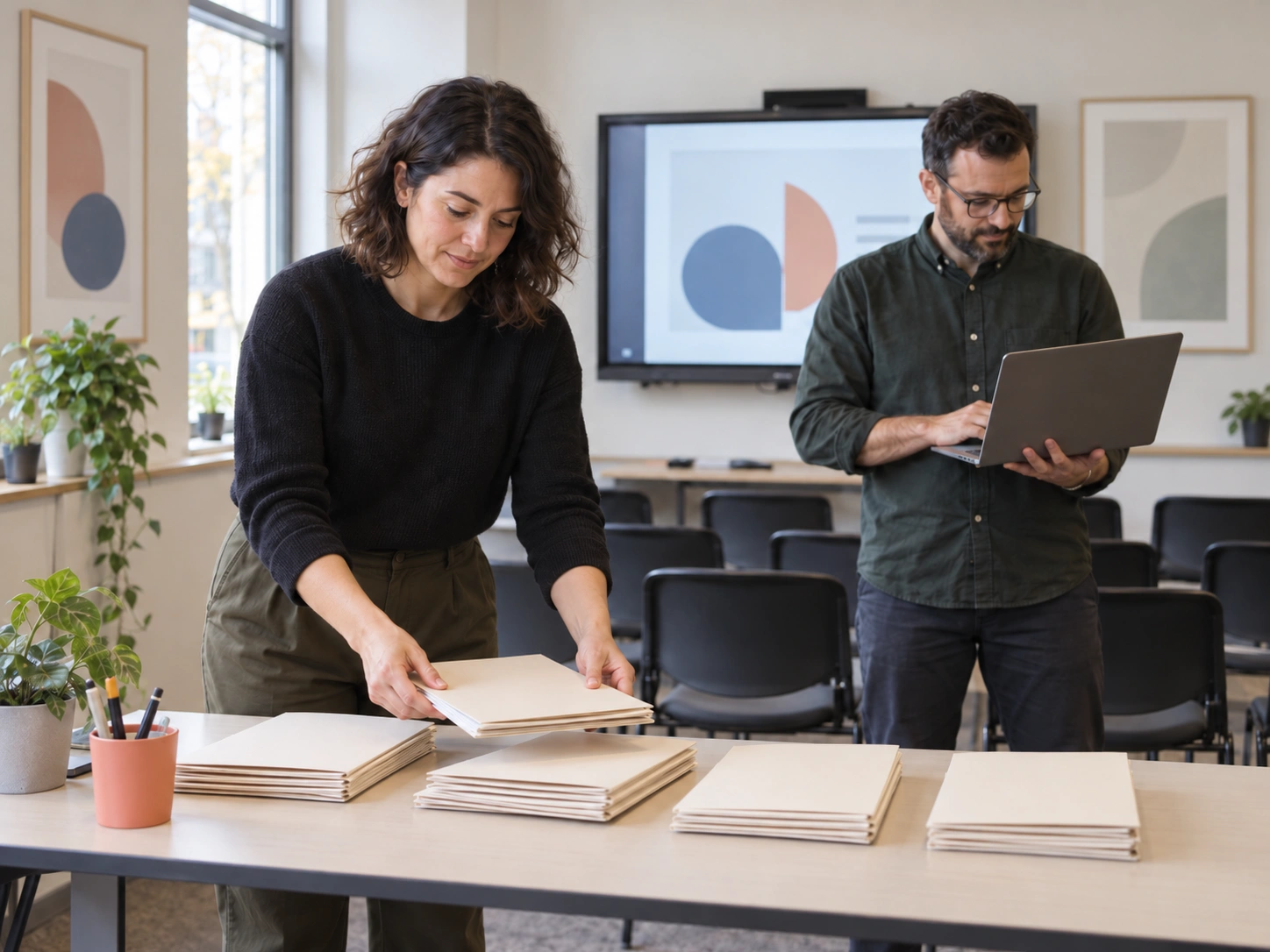 Education professionals preparing a classroom and materials for a student briefing