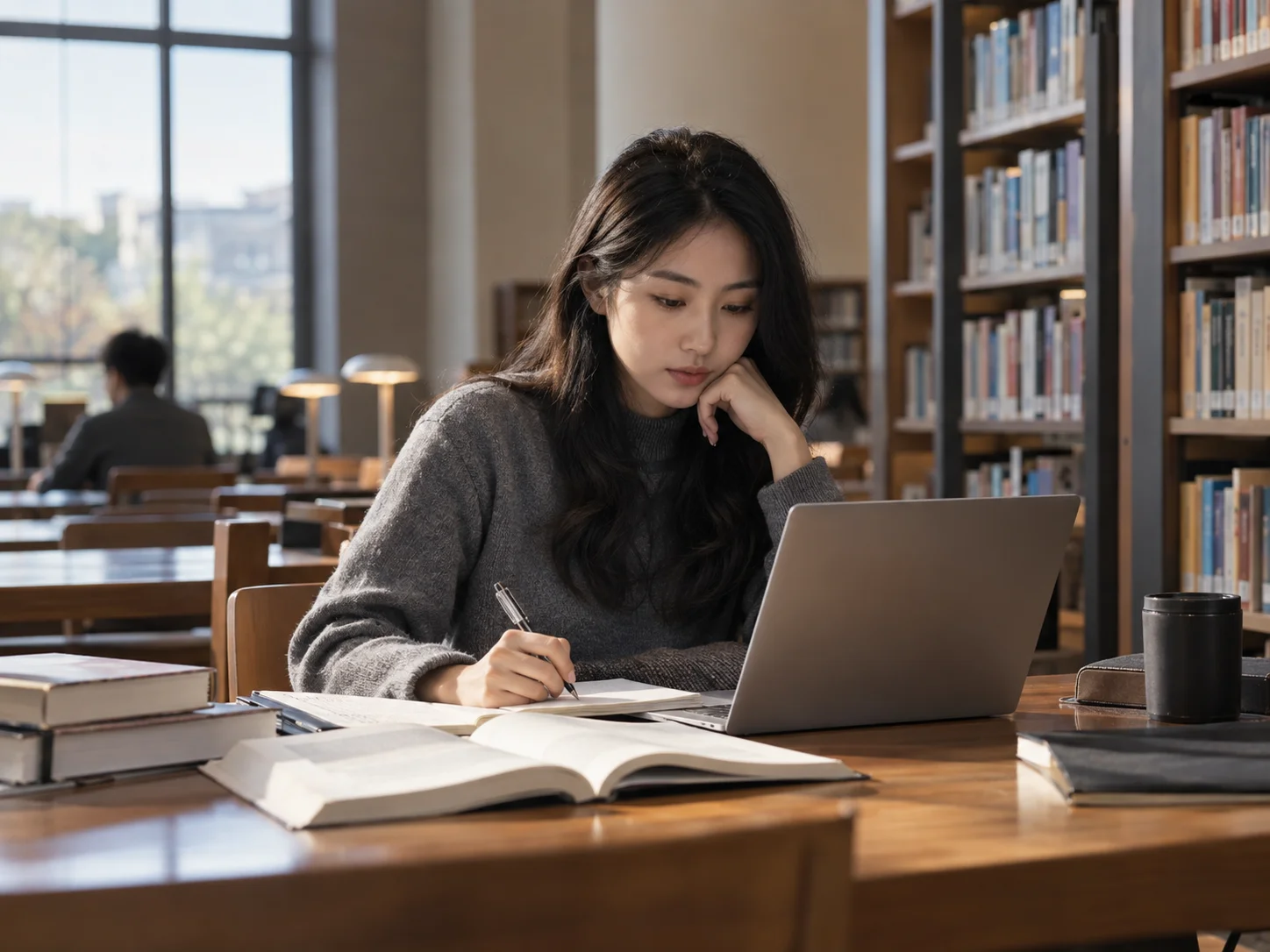 Postgraduate learner studying independently in a quiet university library