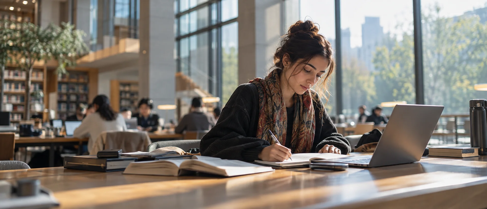Prospective postgraduate student reviewing academic materials in a quiet sunlit library
