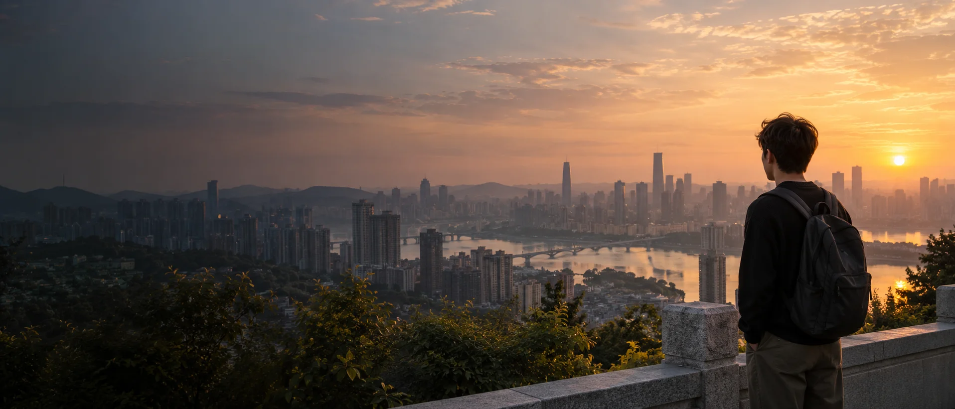 International undergraduate student looking across a contemporary Chinese city at sunset