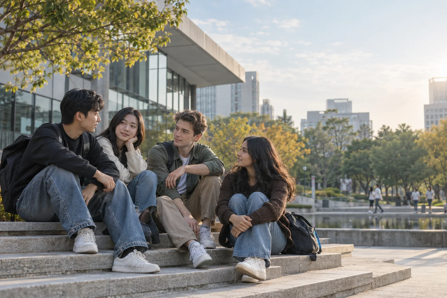 Adult undergraduate students talking together on university campus steps in China