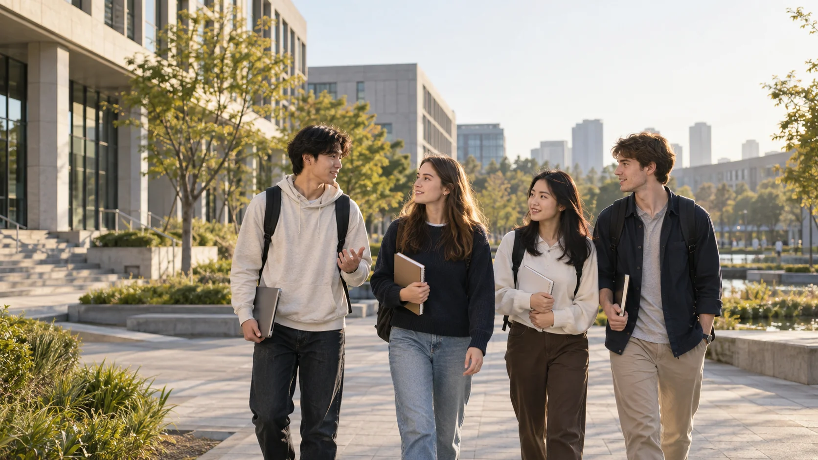 Adult undergraduate students walking together through a contemporary university campus in China