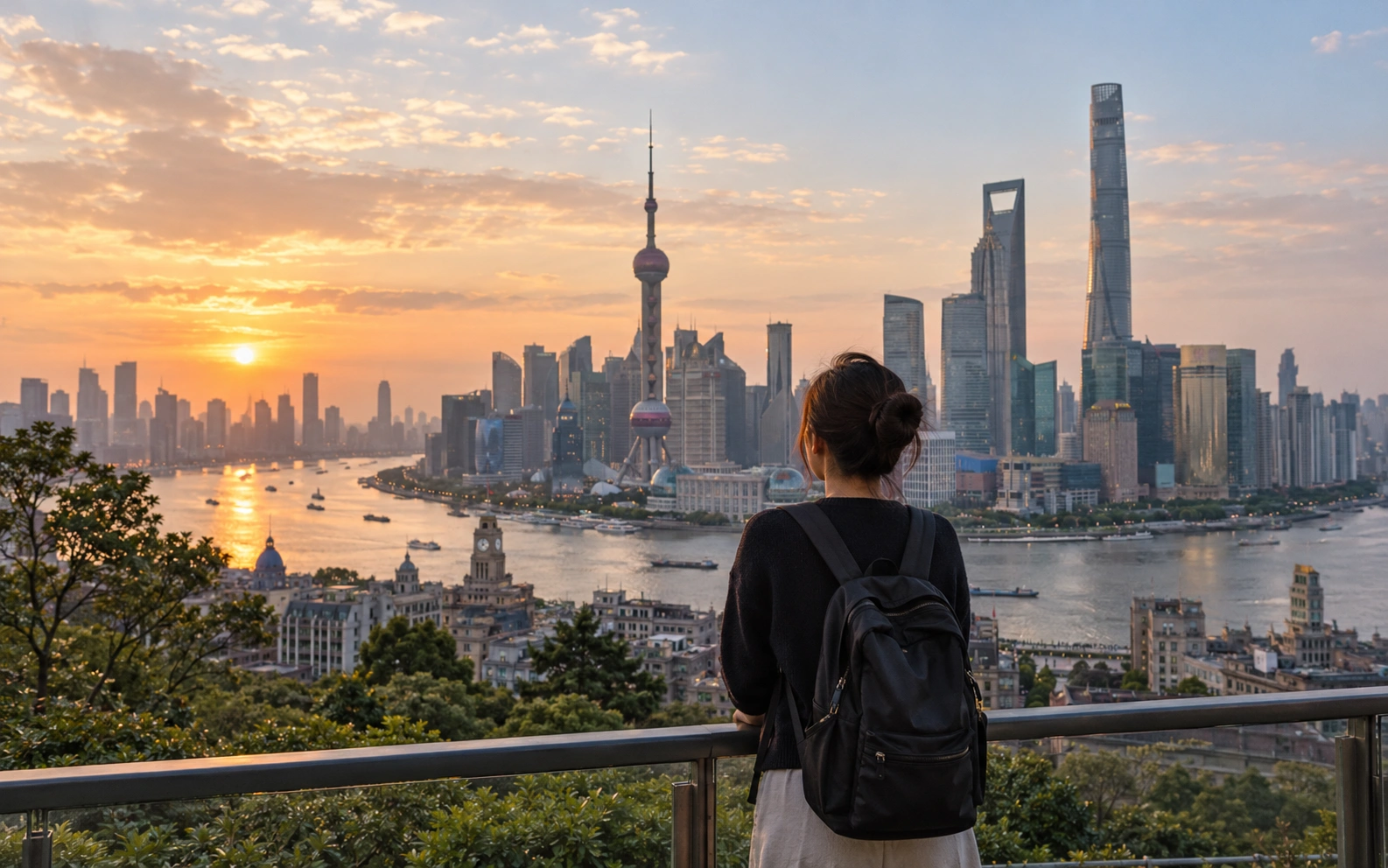 Riverfront skyline in China at sunset