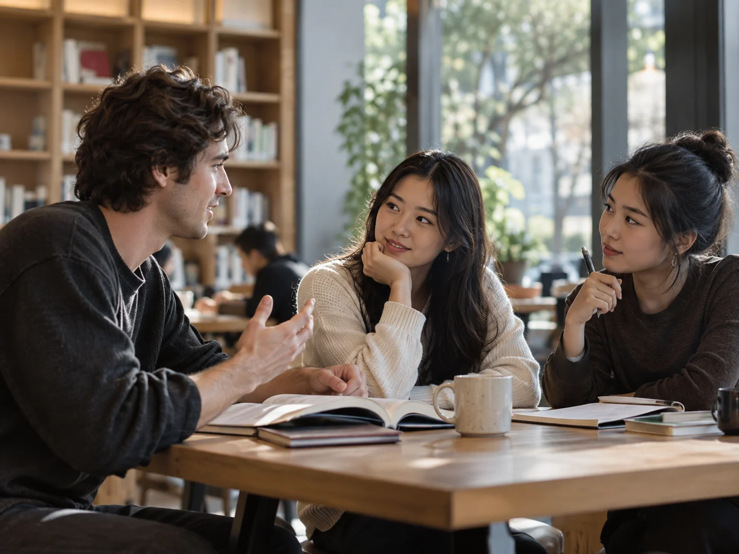 International and Chinese young adults in a natural study lounge conversation