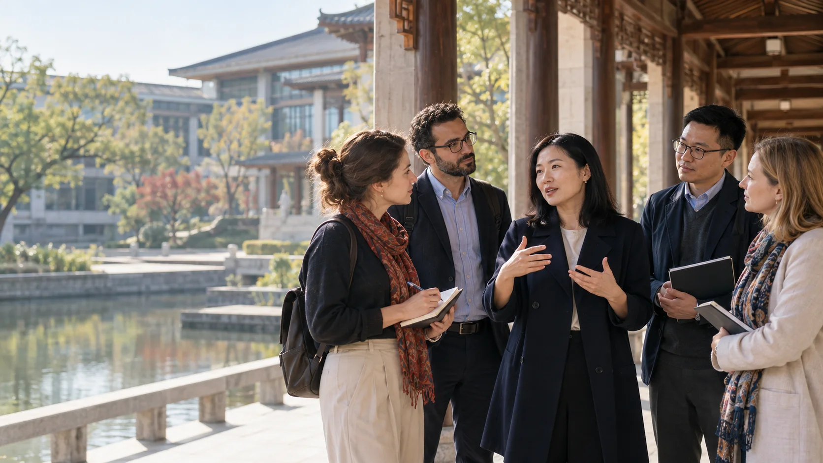 Adult institutional learning group engaging with a guide during a China study visit