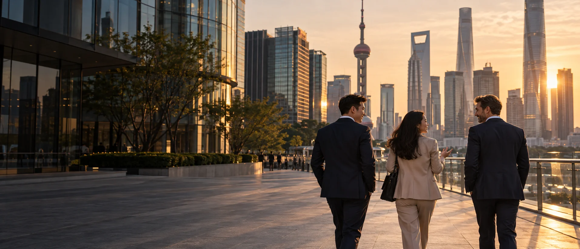 Professionals walking through a contemporary Chinese business district
