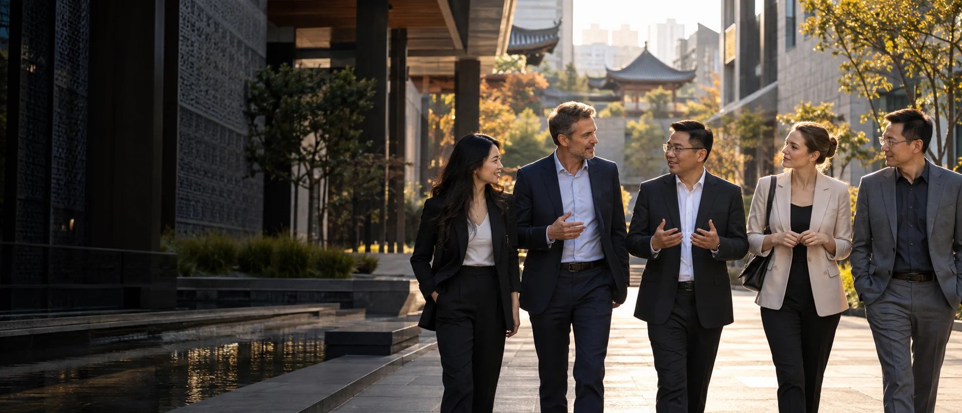 Adult professionals walking together through a contemporary Chinese institutional district