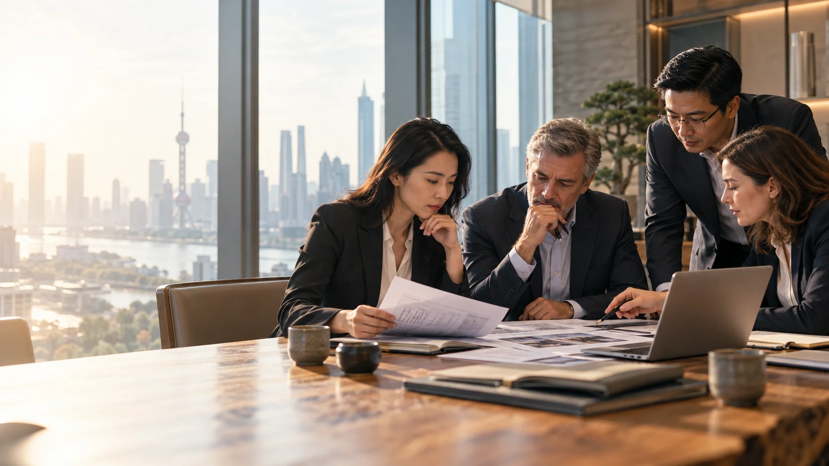 Adult international professionals examining business programme plans around a table
