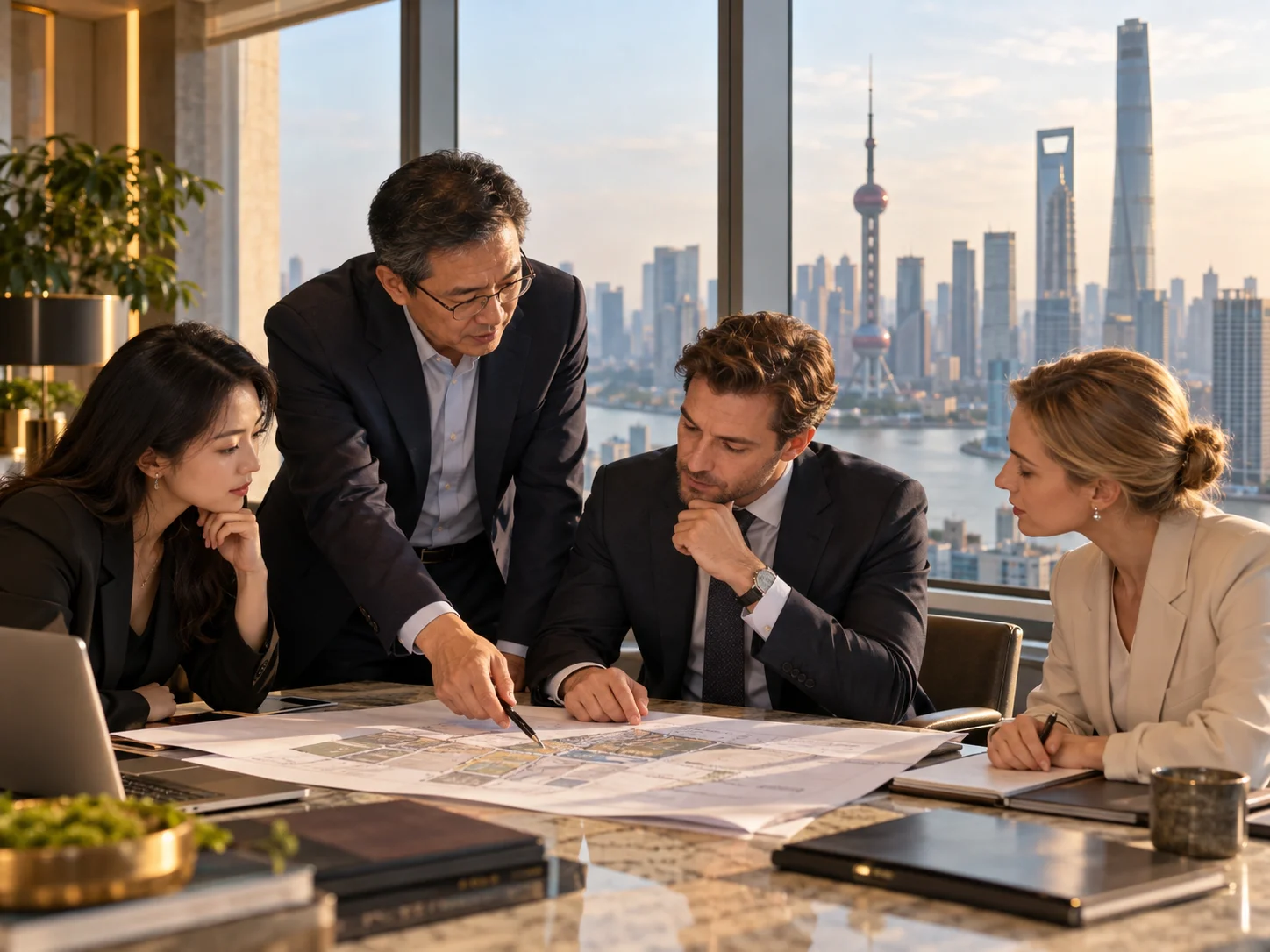 Corporate professionals in discussion in a contemporary China business environment