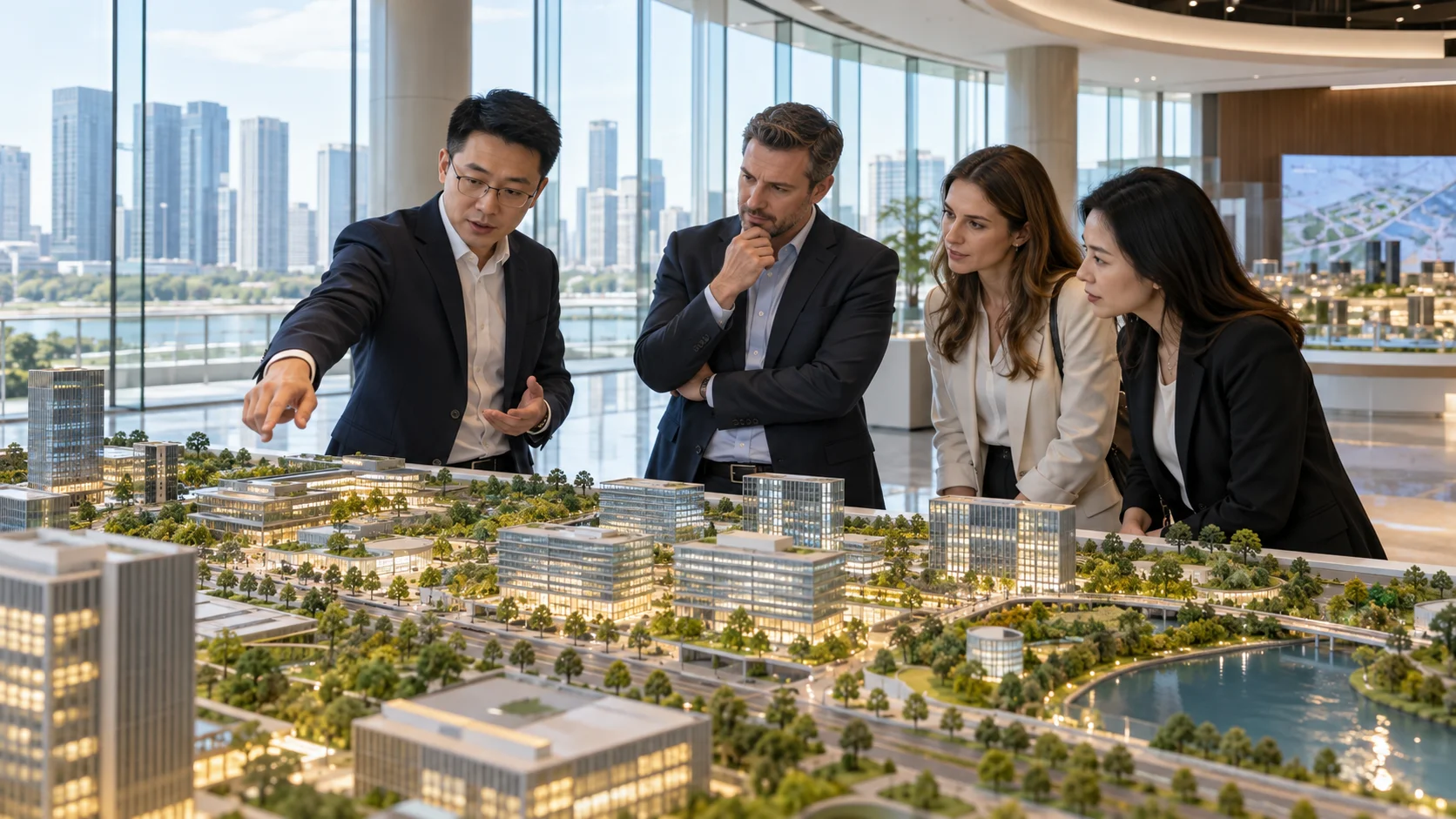 Business professionals examining a development model in a contemporary China innovation space