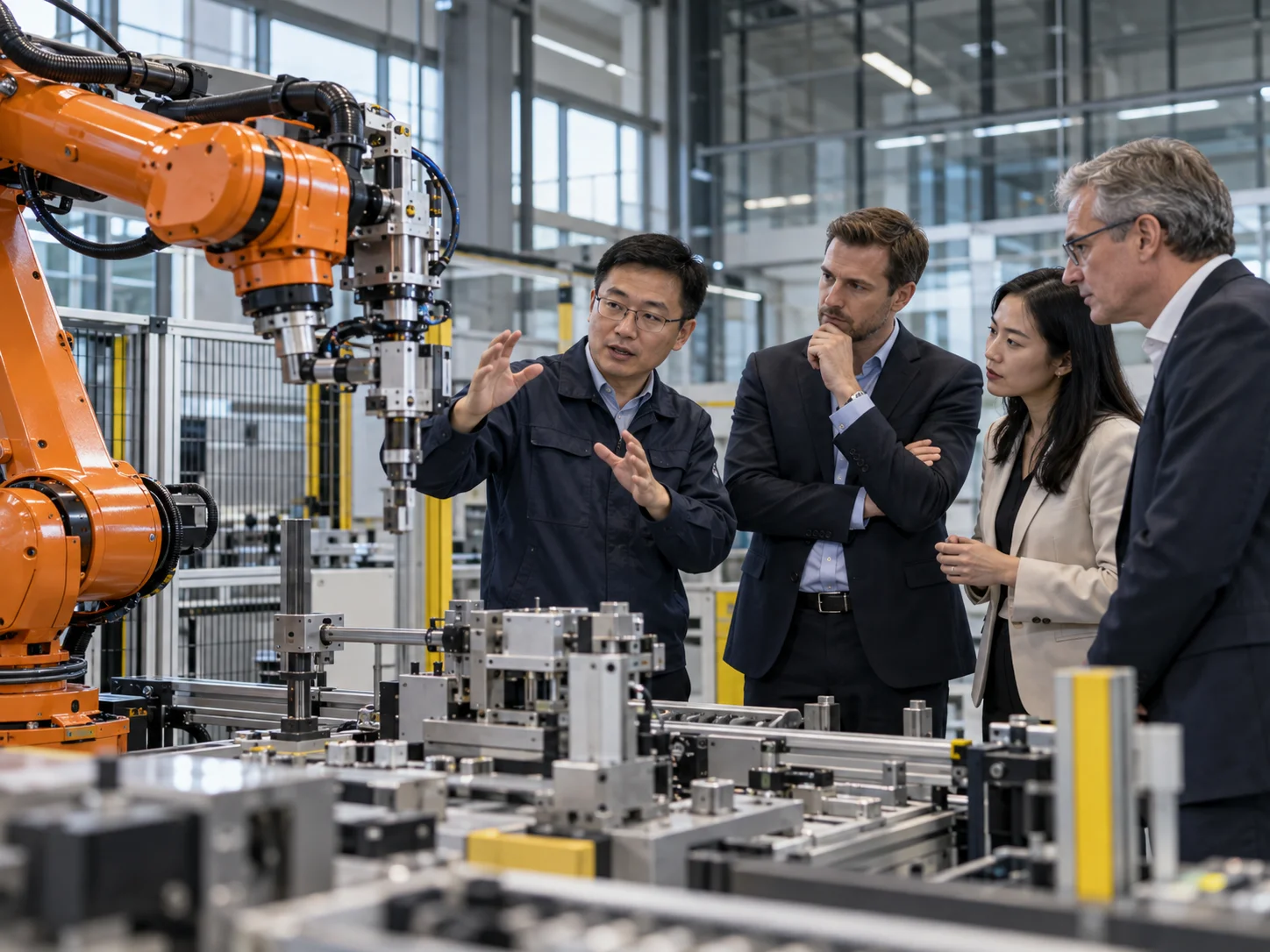 Adult international and Chinese participants observing a robotics and automation demonstration in a contemporary Chinese applied-learning environment