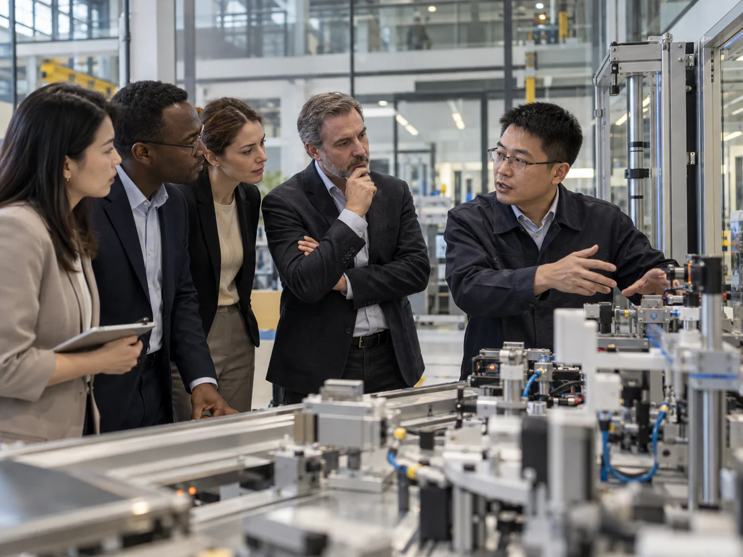 Industry professionals examining an engineering demonstration