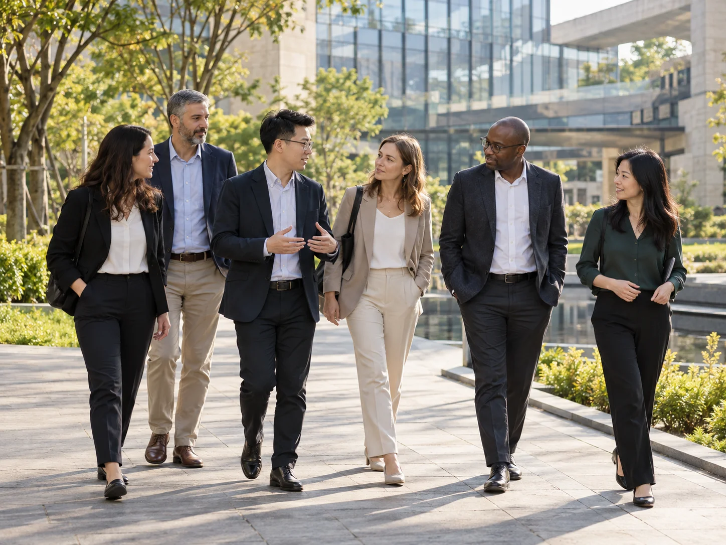 Professional delegation walking through a modern Chinese institutional campus