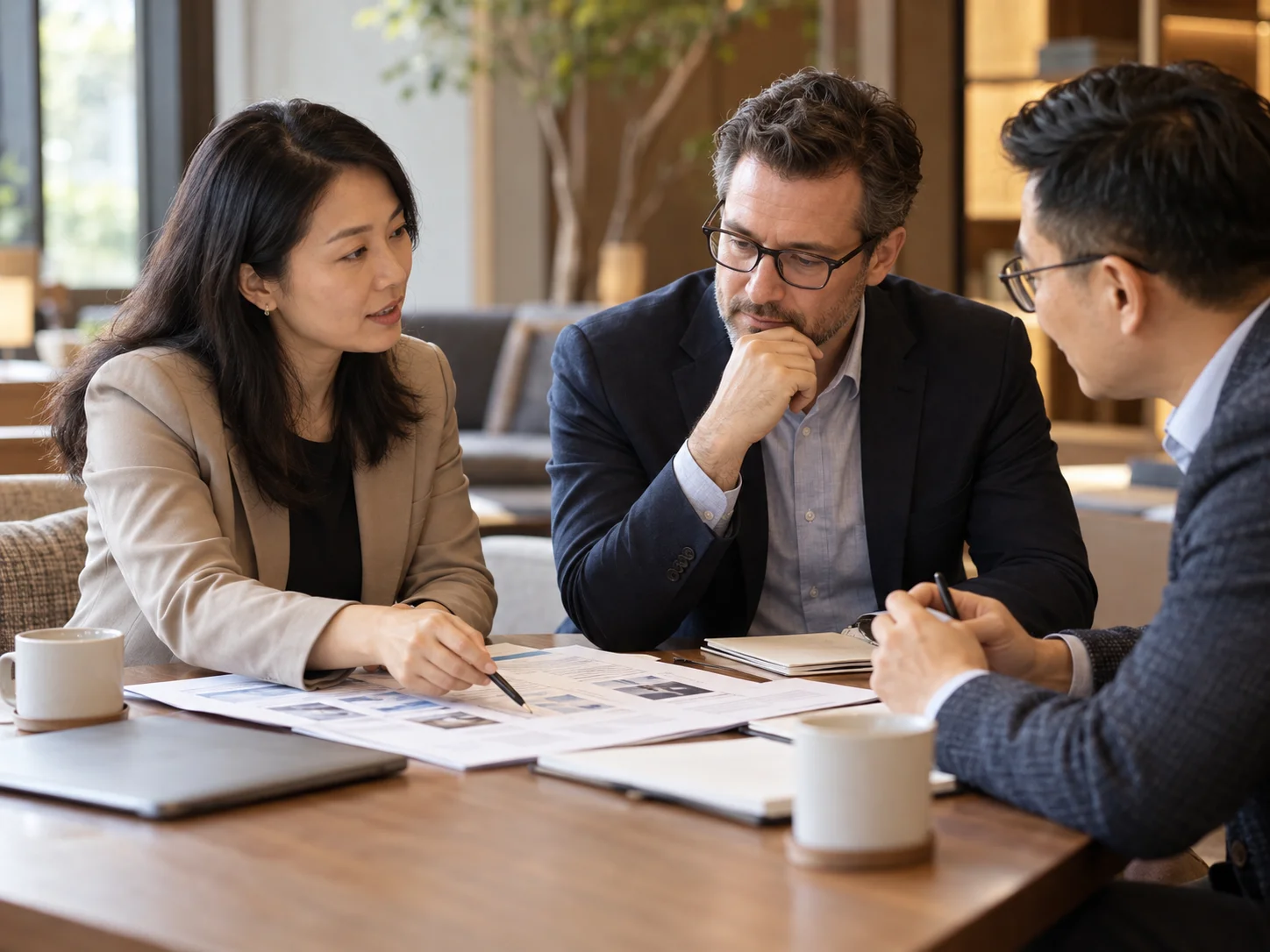 Programme planners discussing a proposed corporate group learning brief